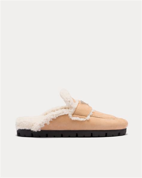 prada sherling slippers|Ecru Suede And Shearling Slippers .